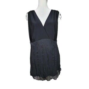 Bisou Bisou VTG Black Faux Wrap Blouse Top Womens 1X Crinkle Chiffon Sleeveless